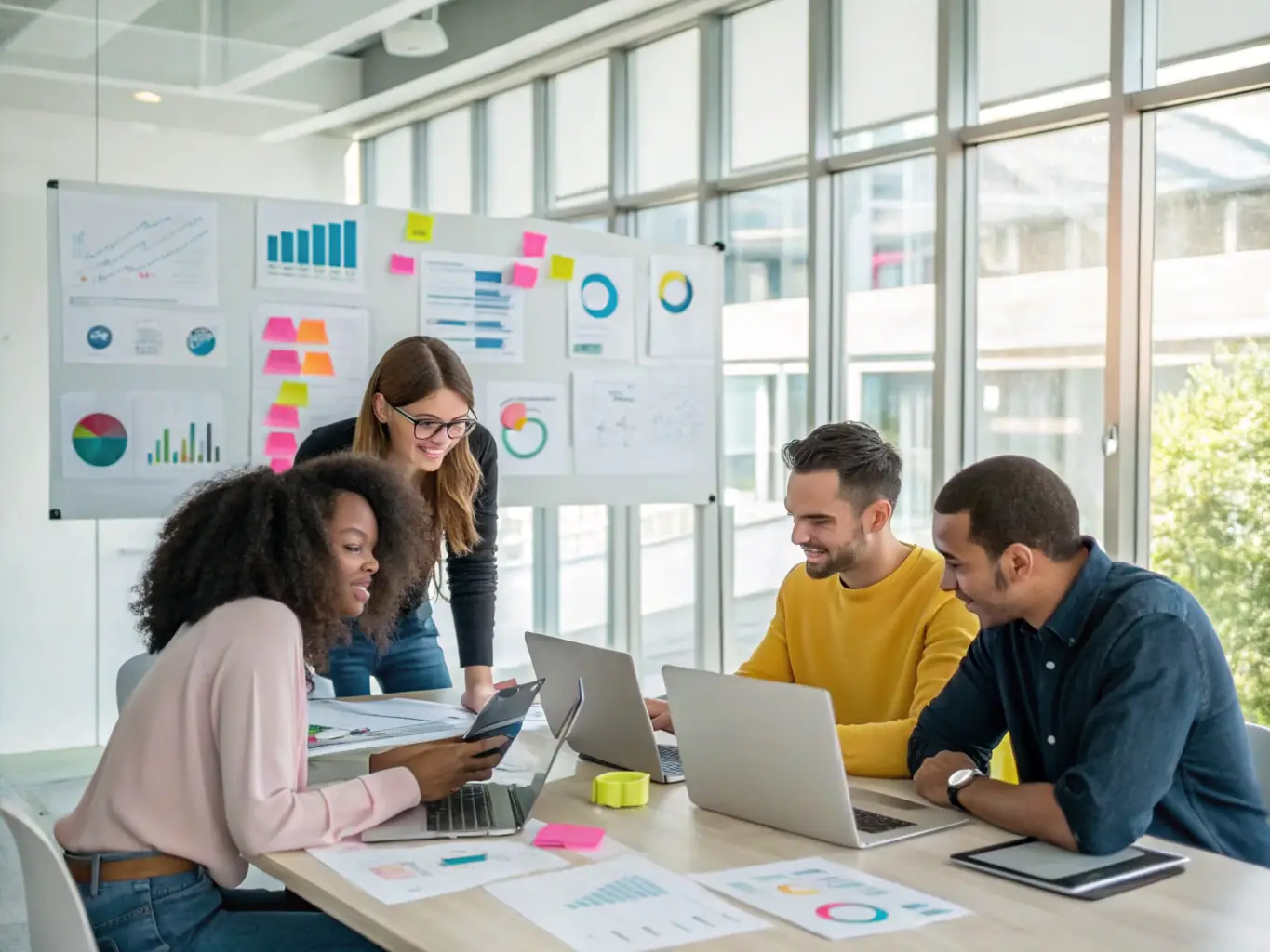 An image showing a diverse team of software testers collaborating in a modern office environment, reviewing Salesforce dashboards and test results on large monitors.