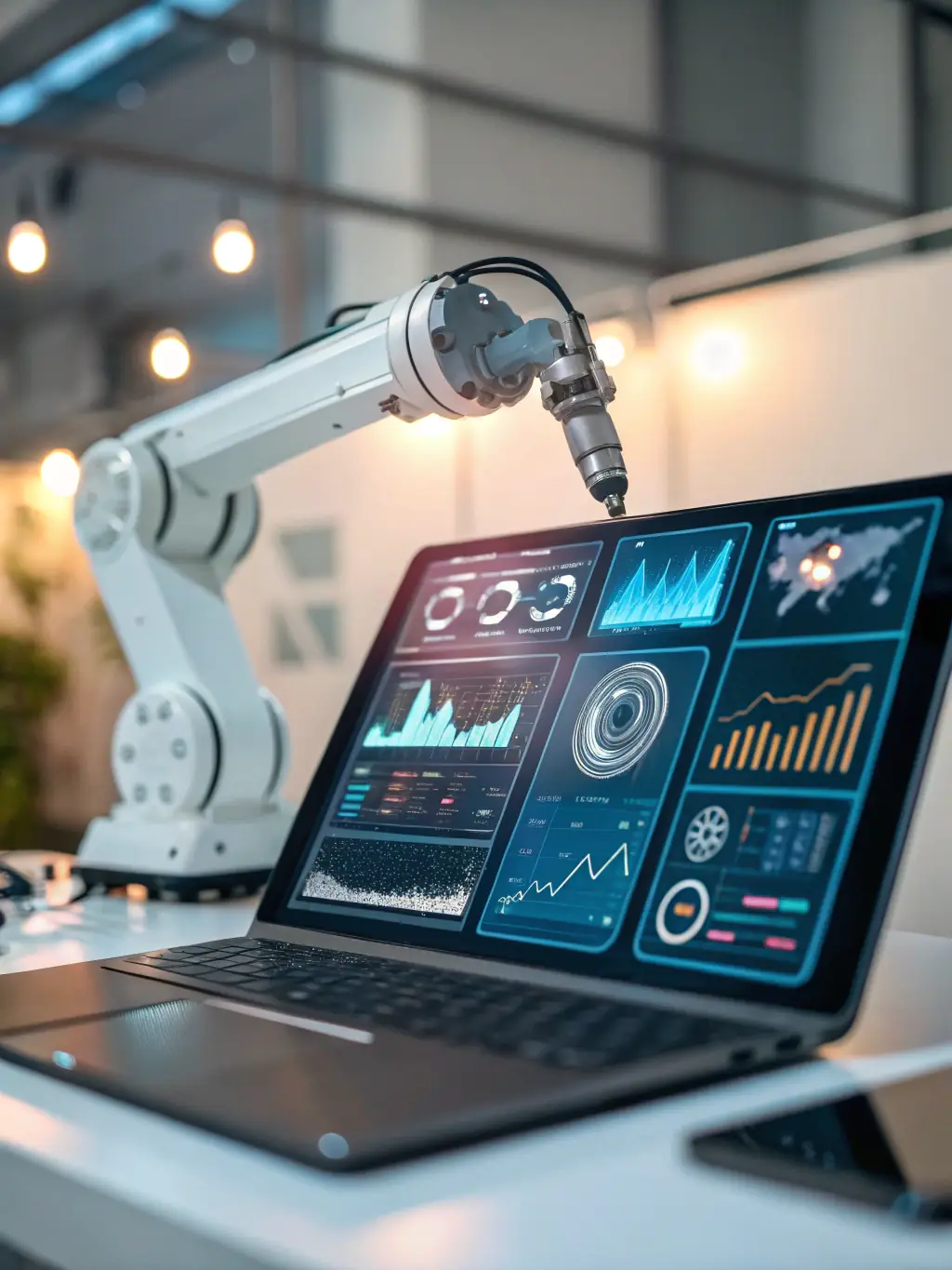 A robotic arm interacting with a digital Salesforce interface, symbolizing automation scripts running tests, with code and test results displayed on screens.