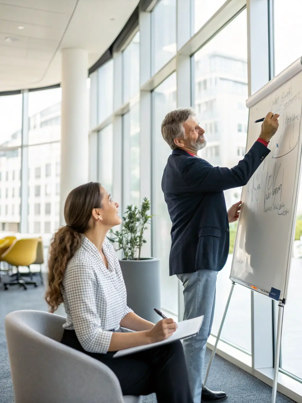A consultant collaborating with a client, customizing test plans on a whiteboard, with Salesforce logos and business charts in the background.