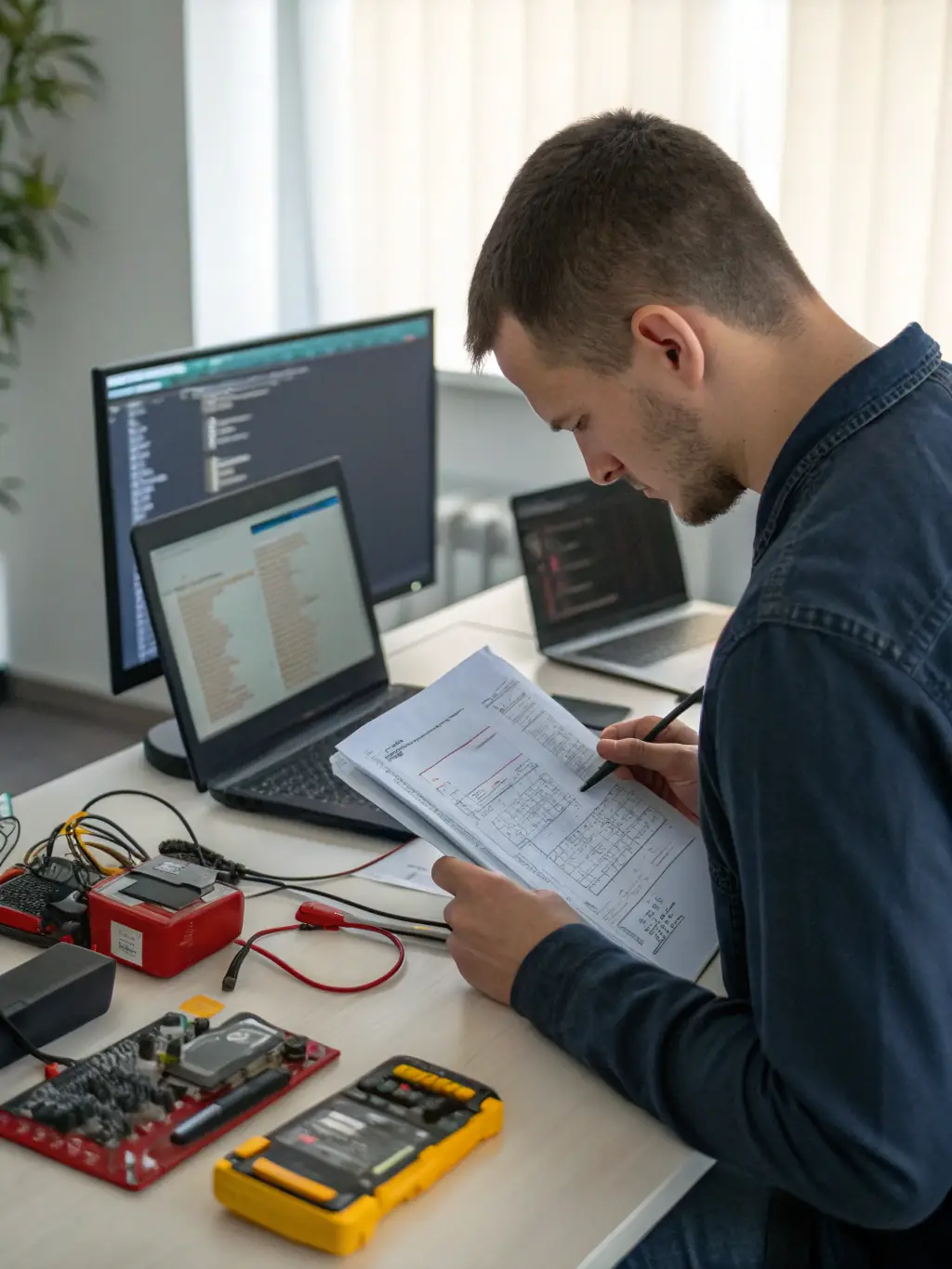 A professional software tester analyzing Salesforce dashboards on a laptop, with test case documents and checklists visible, representing manual testing in a modern office environment.